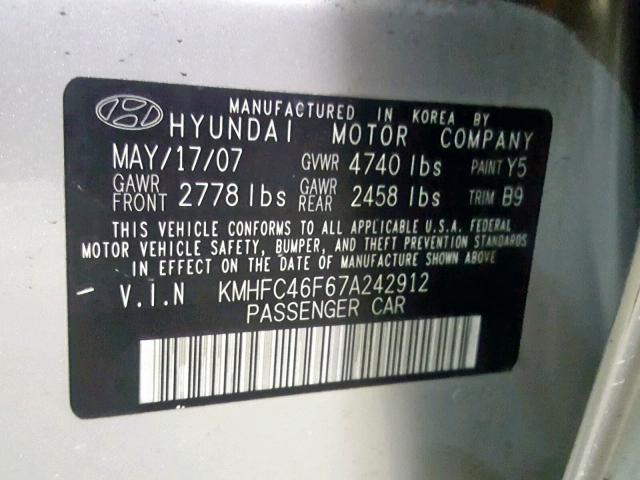 KMHFC46F67A242912 - 2007 HYUNDAI AZERA SE SILVER photo 10