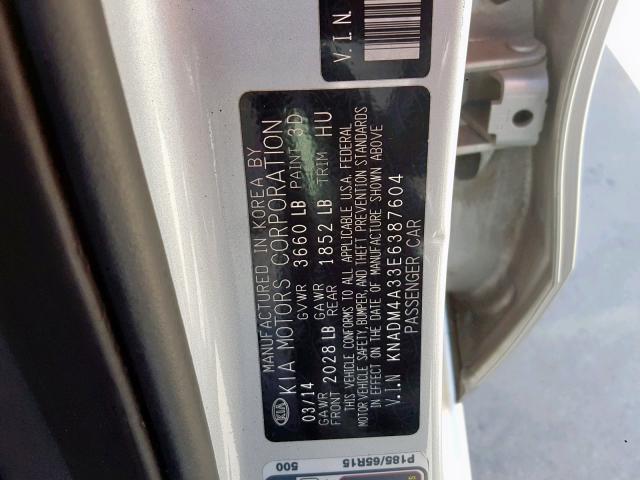 KNADM4A33E6387604 - 2014 KIA RIO LX SILVER photo 10