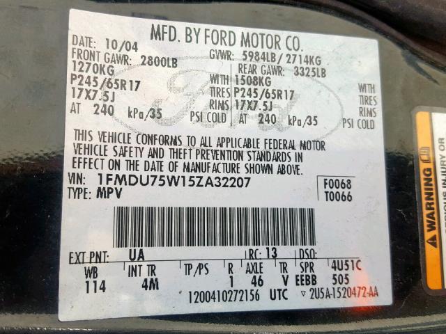 1FMDU75W15ZA32207 - 2005 FORD EXPLORER L BLACK photo 10