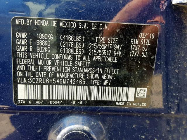 3CZRU6H54GM742465 - 2016 HONDA HR-V EX BLUE photo 10