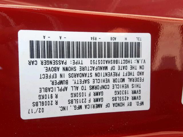 1HGCT1B85HA005750 - 2017 HONDA ACCORD EXL RED photo 10