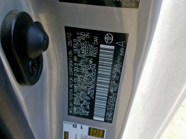 JTKDE3B77A0320294 - 2010 TOYOTA SCION TC ვერცხლისფერი ფოტო 10