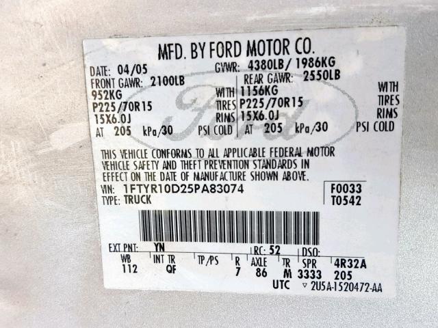 1FTYR10D25PA83074 - 2005 FORD RANGER SILVER photo 10