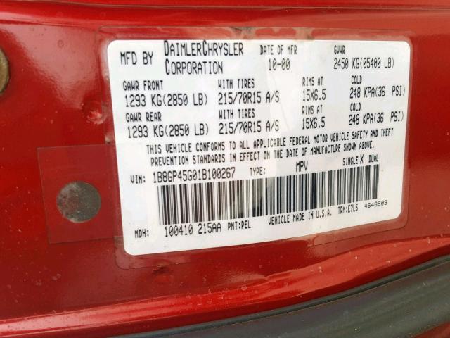 1B8GP45G01B100267 - 2001 DODGE CARAVAN SP RED photo 10