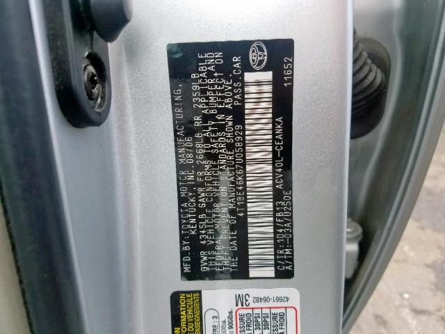 4T1BE46K67U058929 - 2007 TOYOTA CAMRY NEW SILVER photo 10