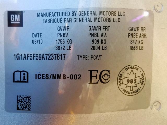 1G1AF5F59A7237817 - 2010 CHEVROLET COBALT 2LT SILVER photo 10