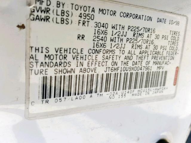 JT6HF10U9X0047961 - 1999 LEXUS RX 300 CREAM photo 10