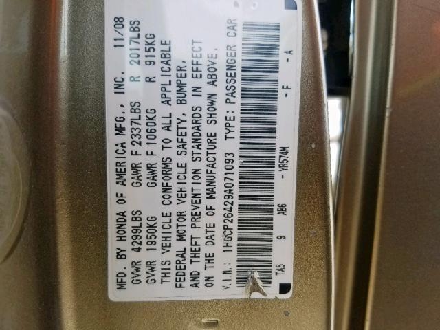 1HGCP26429A071093 - 2009 HONDA ACCORD LXP GOLD photo 10