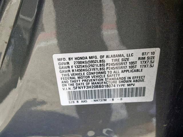 5FNYF3H20BB018074 - 2011 HONDA PILOT LX GRAY photo 10