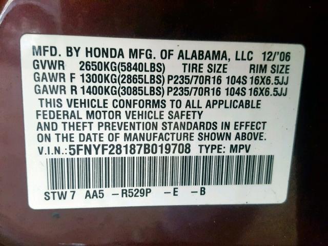 5FNYF28187B019708 - 2007 HONDA PILOT LX BURGUNDY photo 10