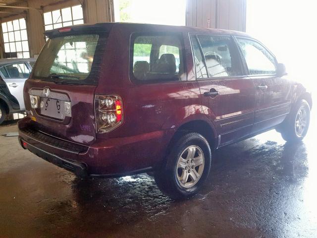 5FNYF28187B019708 - 2007 HONDA PILOT LX BURGUNDY photo 4