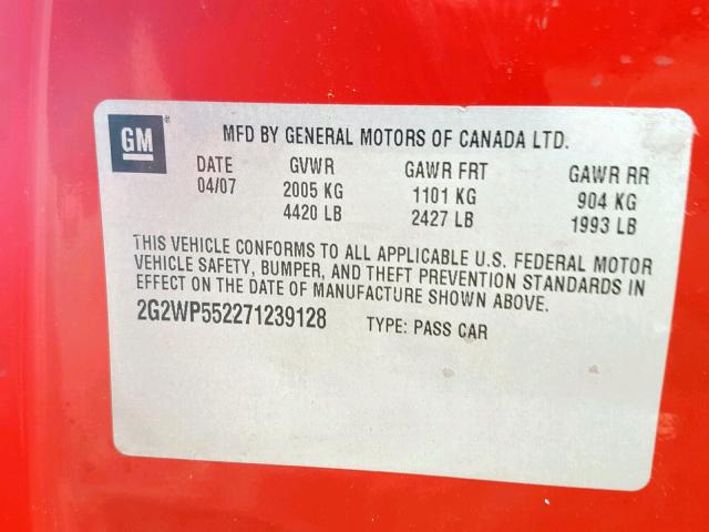 2G2WP552271239128 - 2007 PONTIAC GRAND PRIX RED photo 10