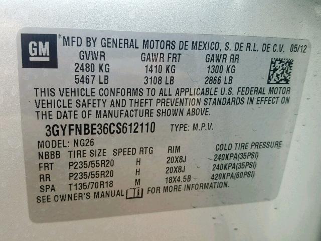 3GYFNBE36CS612110 - 2012 CADILLAC SRX PERFOR ვერცხლისფერი ფოტო 10