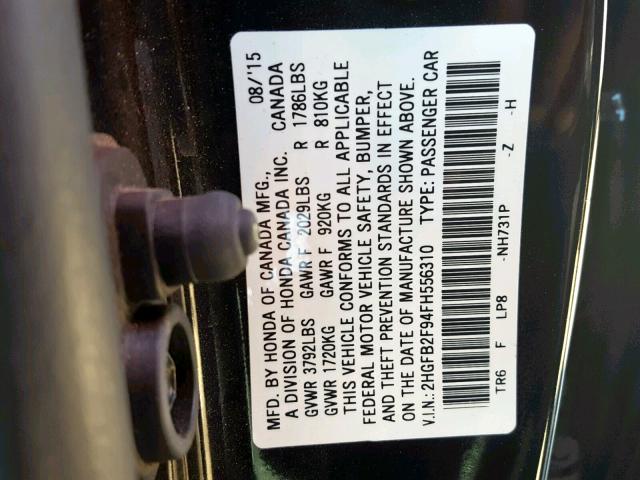 2HGFB2F94FH556310 - 2015 HONDA CIVIC EXL 黑色 照片 10