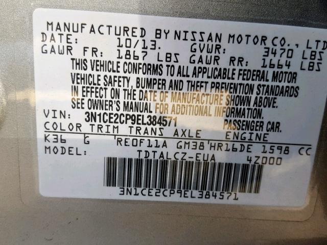 3N1CE2CP9EL384571 - 2014 NISSAN VERSA NOTE GRAY photo 10