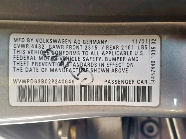 WVWPD63B02P240646 - 2002 VOLKSWAGEN PASSAT GLS GRAY photo 10