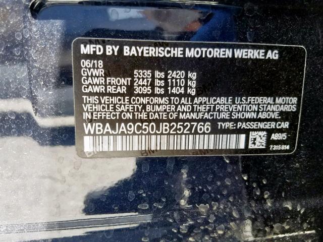 WBAJA9C50JB252766 - 2018 BMW 530E BLUE photo 10