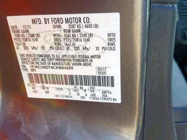 1FMCU9D74CKB64255 - 2012 FORD ESCAPE XLT BROWN photo 10