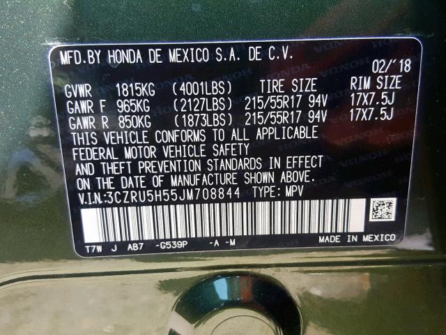 3CZRU5H55JM708844 - 2018 HONDA HR-V EX GREEN photo 10