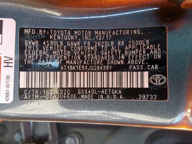 4T1BK1EBXJU284391 - 2018 TOYOTA AVALON XLE CHARCOAL photo 10