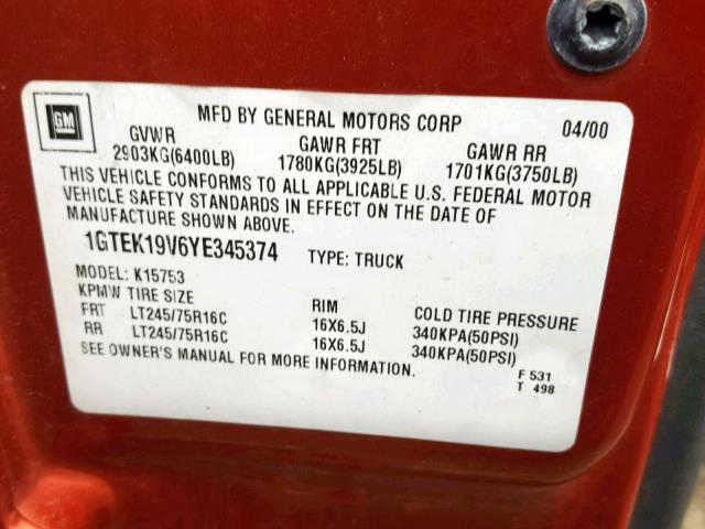 1GTEK19V6YE345374 - 2000 GMC NEW SIERRA ORANGE photo 10