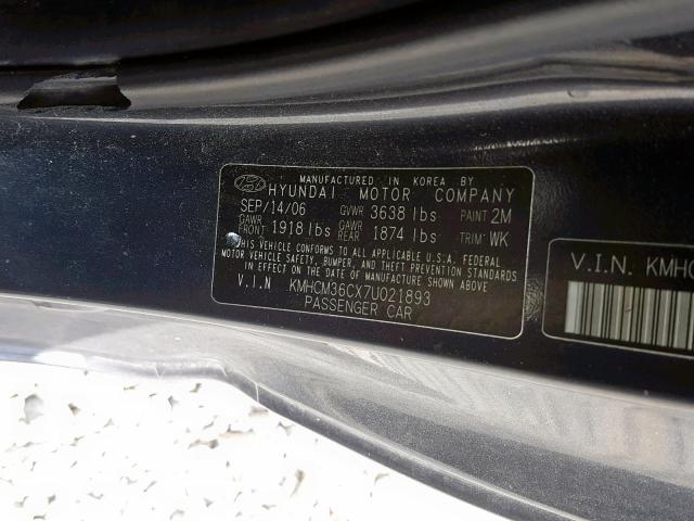 KMHCM36CX7U021893 - 2007 HYUNDAI ACCENT GS GRAY photo 10