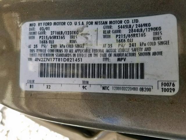 4N2ZN17T81D821451 - 2001 NISSAN QUEST GLE TAN photo 10