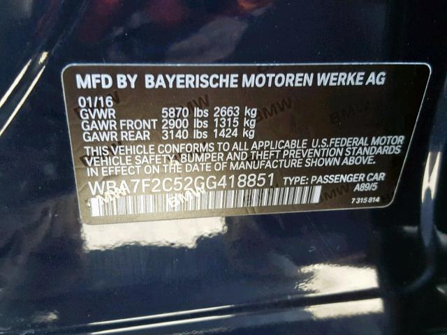 WBA7F2C52GG418851 - 2016 BMW 750 XI BLUE photo 10
