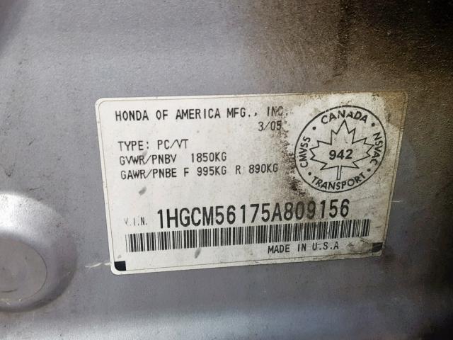 1HGCM56175A809156 - 2005 HONDA ACCORD DX SILVER photo 10