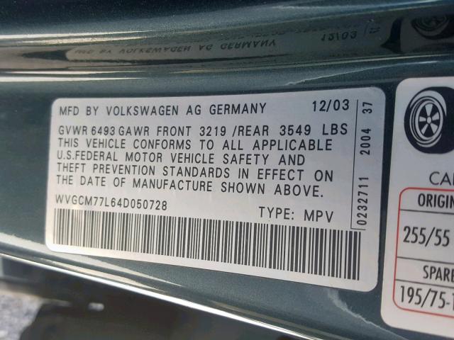 WVGCM77L64D050728 - 2004 VOLKSWAGEN TOUAREG 4. GRAY photo 10