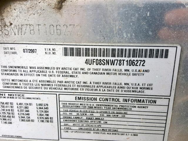 4UF08SNW78T106272 - 2000 ARCTIC CAT F1000 黑色 照片 10