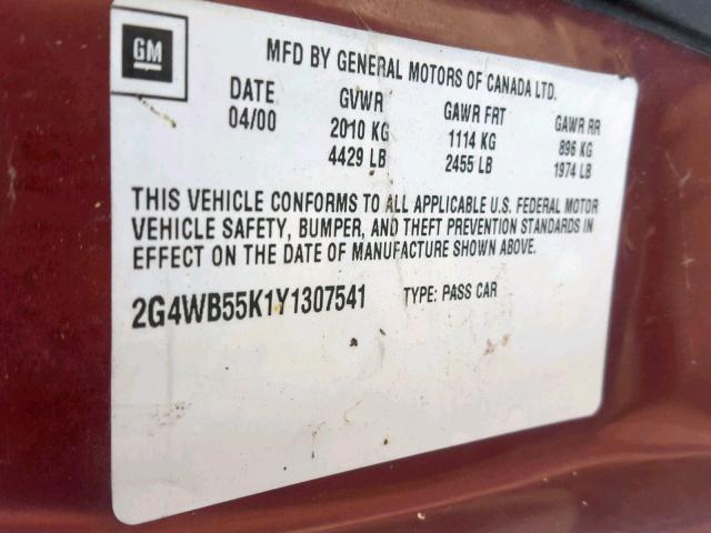 2G4WB55K1Y1307541 - 2000 BUICK REGAL LS BURGUNDY photo 10