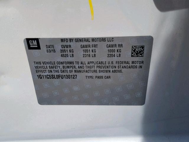 1G11C5SL0FU130127 - 2015 CHEVROLET MALIBU 1LT 白色 照片 10