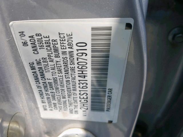 2HGES16314H607910 - 2004 HONDA CIVIC DX V GRAY photo 10