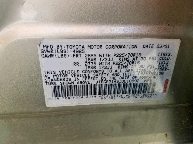 JTEGF21A510010892 - 2001 TOYOTA HIGHLANDER TAN photo 10