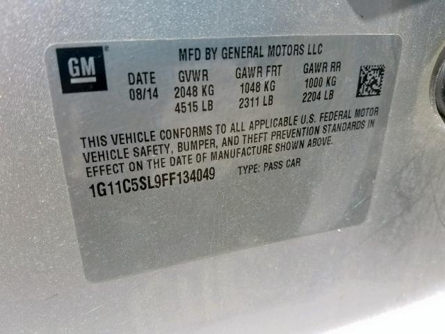 1G11C5SL9FF134049 - 2015 CHEVROLET MALIBU 1LT 银色 照片 10