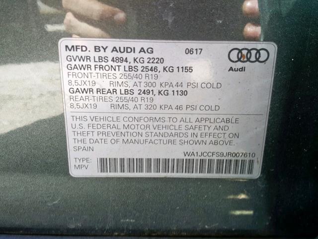 WA1JCCFS9JR007610 - 2018 AUDI Q3 PREMIUM GRAY photo 10