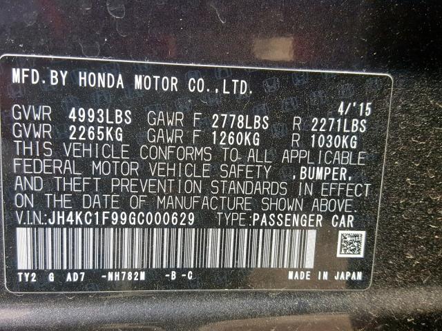 JH4KC1F99GC000629 - 2016 ACURA RLX ADVANC CHARCOAL photo 10