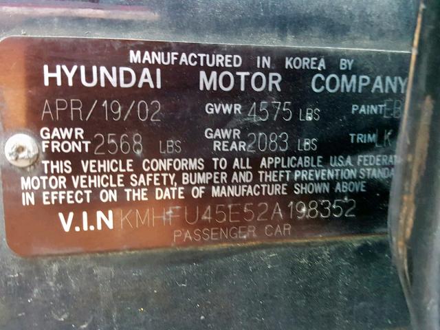 KMHFU45E52A198352 - 2002 HYUNDAI XG 350 BLACK photo 10