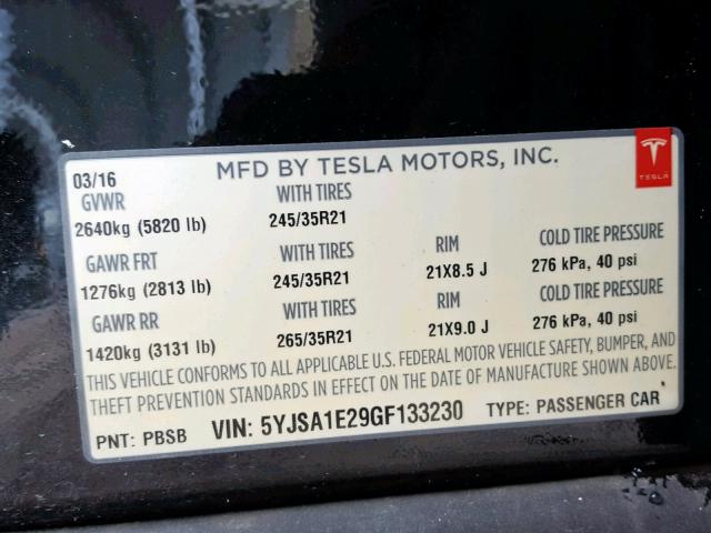 5YJSA1E29GF133230 - 2016 TESLA MODEL S BLACK photo 10