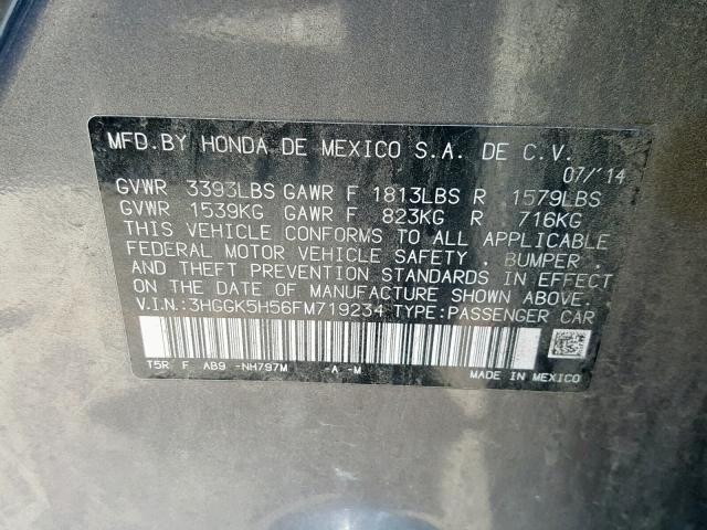 3HGGK5H56FM719234 - 2015 HONDA FIT LX GRAY photo 10