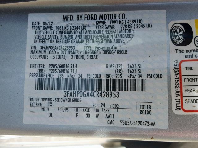 3FAHP0GA4CR428953 - 2012 FORD FUSION S SILVER photo 10