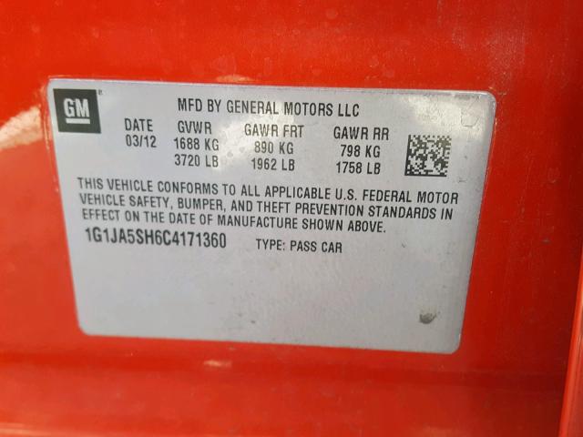 1G1JA5SH6C4171360 - 2012 CHEVROLET SONIC LS ORANGE photo 10