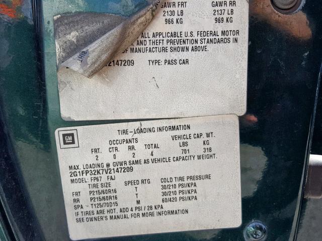 2G1FP32K7V2147209 - 1997 CHEVROLET CAMARO BAS 绿色 照片 10