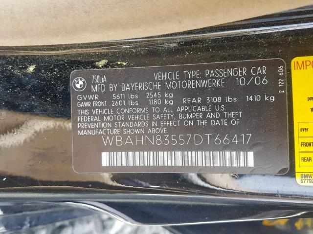 WBAHN83557DT66417 - 2007 BMW 750 BLACK photo 10