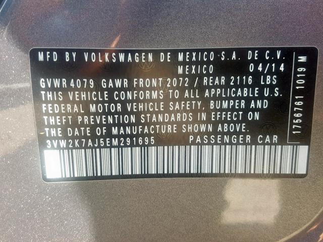 3VW2K7AJ5EM291695 - 2014 VOLKSWAGEN JETTA BASE GRAY photo 10