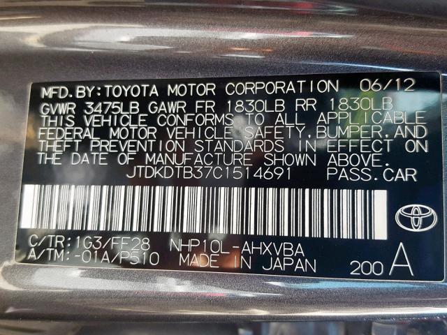 JTDKDTB37C1514691 - 2012 TOYOTA PRIUS C GRAY photo 10