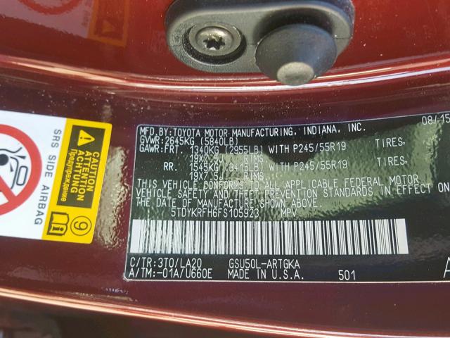 5TDYKRFH6FS105923 - 2015 TOYOTA HIGHLANDER BURGUNDY photo 10