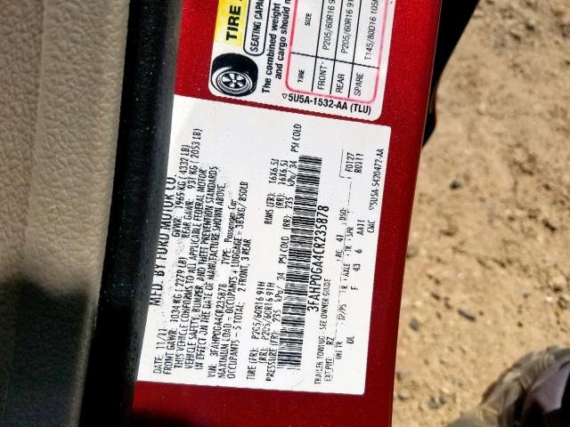 3FAHP0GA4CR235878 - 2012 FORD FUSION S RED photo 10