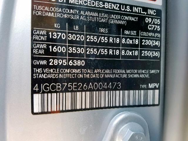 4JGCB75E26A004473 - 2006 MERCEDES-BENZ R 500 SILVER photo 10